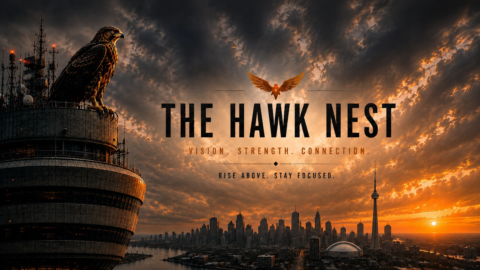 The Hawk Nest hawk overlooking a glowing city beneath a dramatic sky