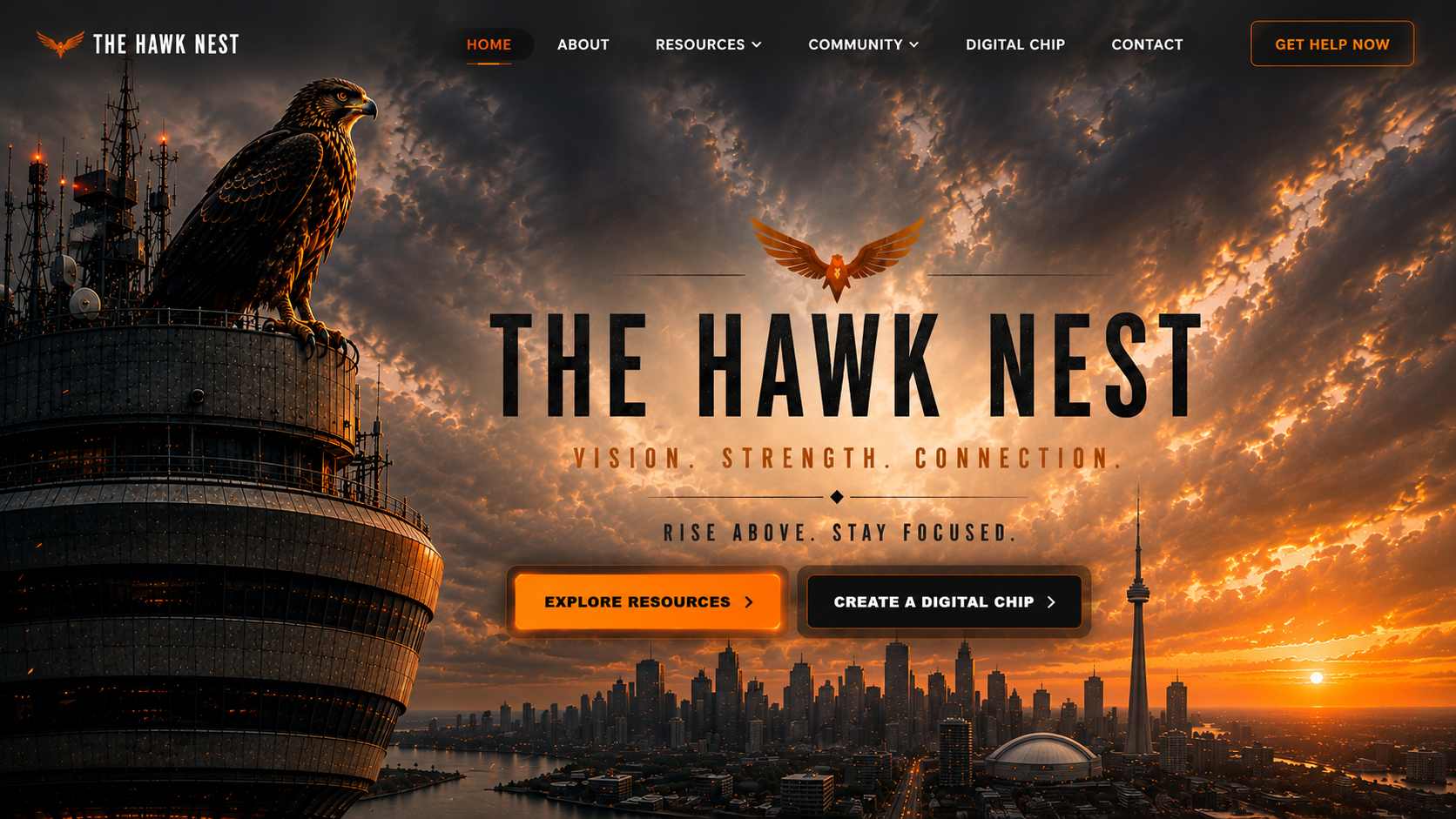 The Hawk Nest hawk overlooking a glowing city beneath a dramatic sky