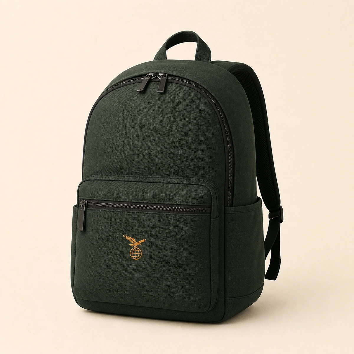 Forest-green everyday backpack with a minimal Hawk Nest globe badge