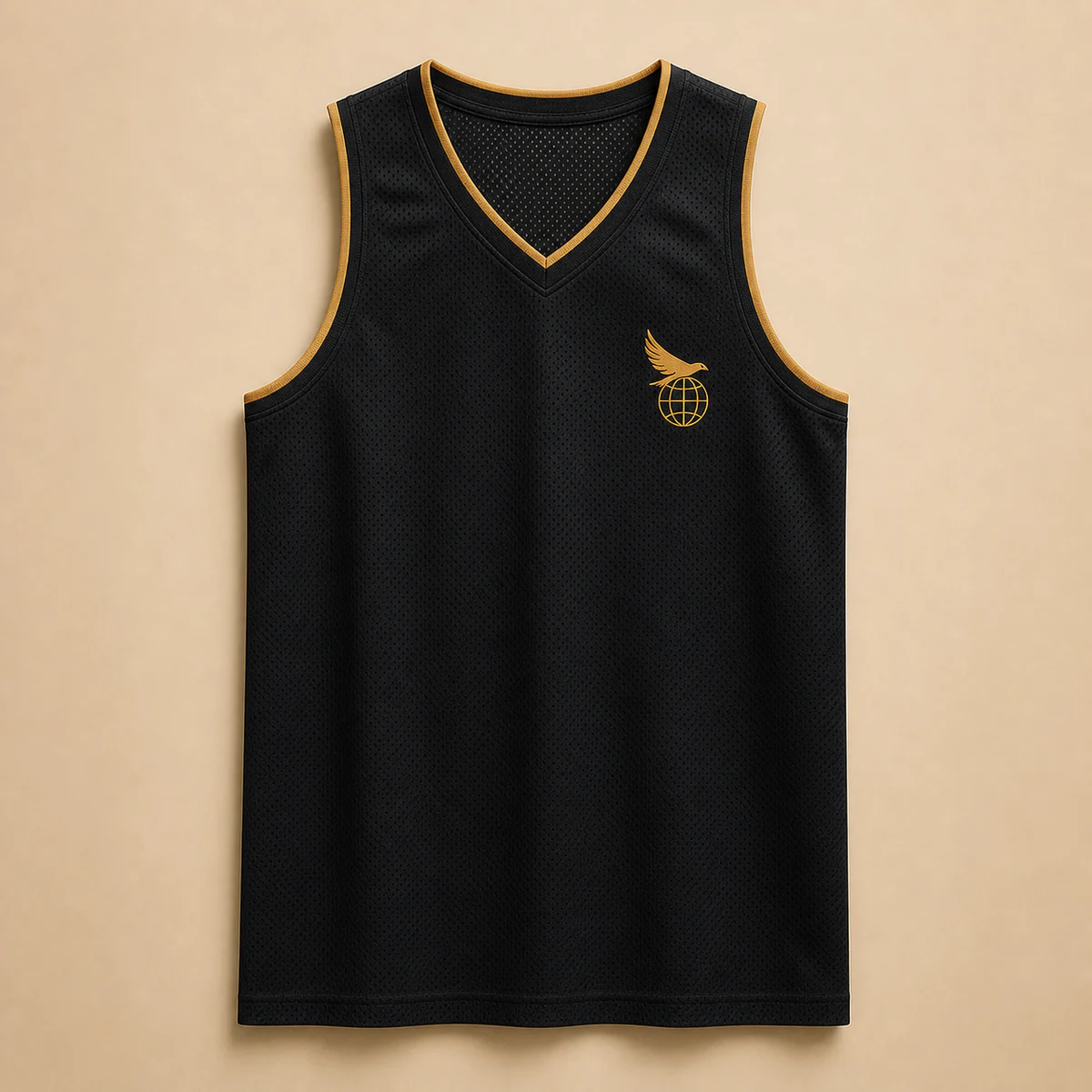 Black and gold Court Basketball Jersey with the connected Hawk Nest globe-and-wings mark