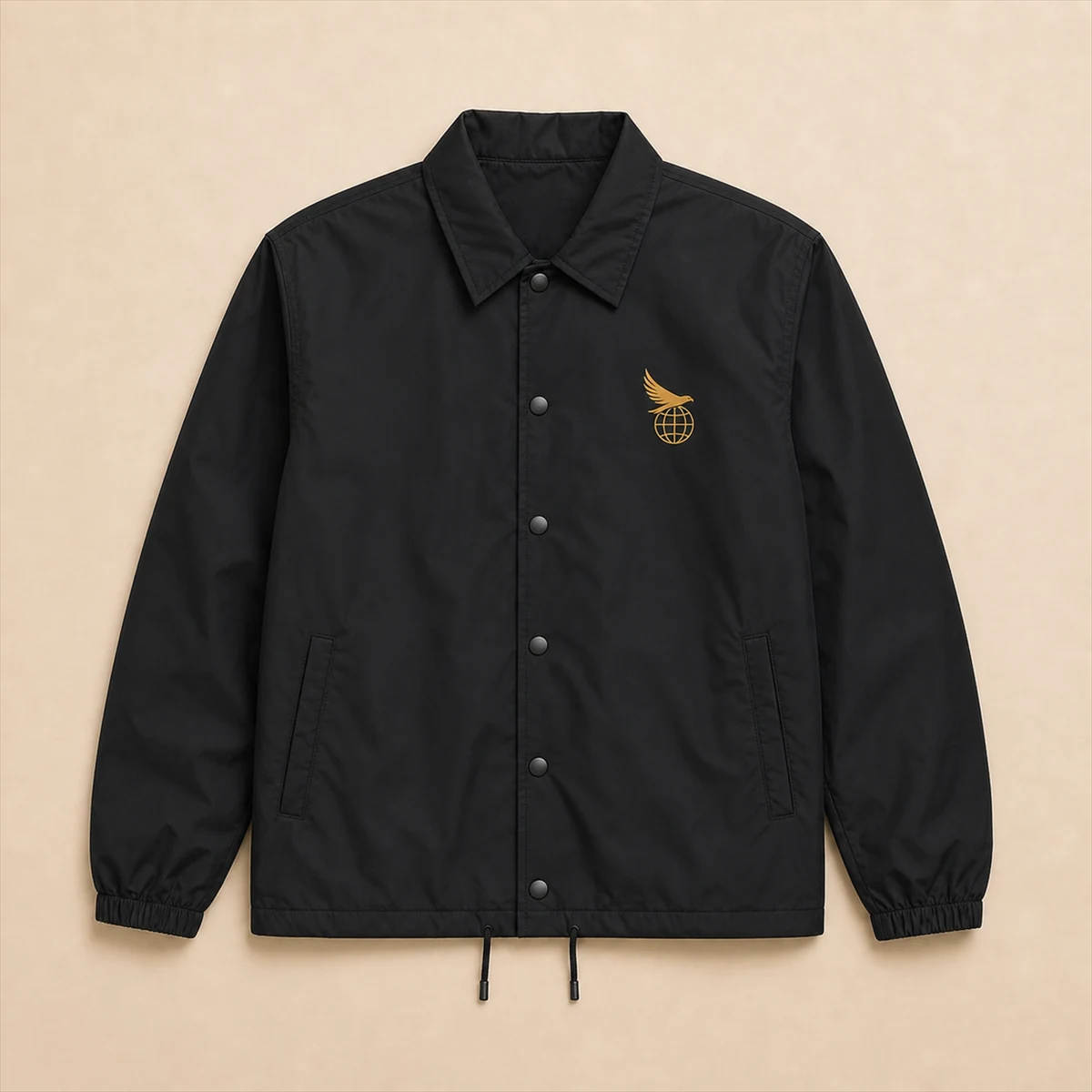 Black Flight Coach Jacket with the connected Hawk Nest globe-and-wings mark