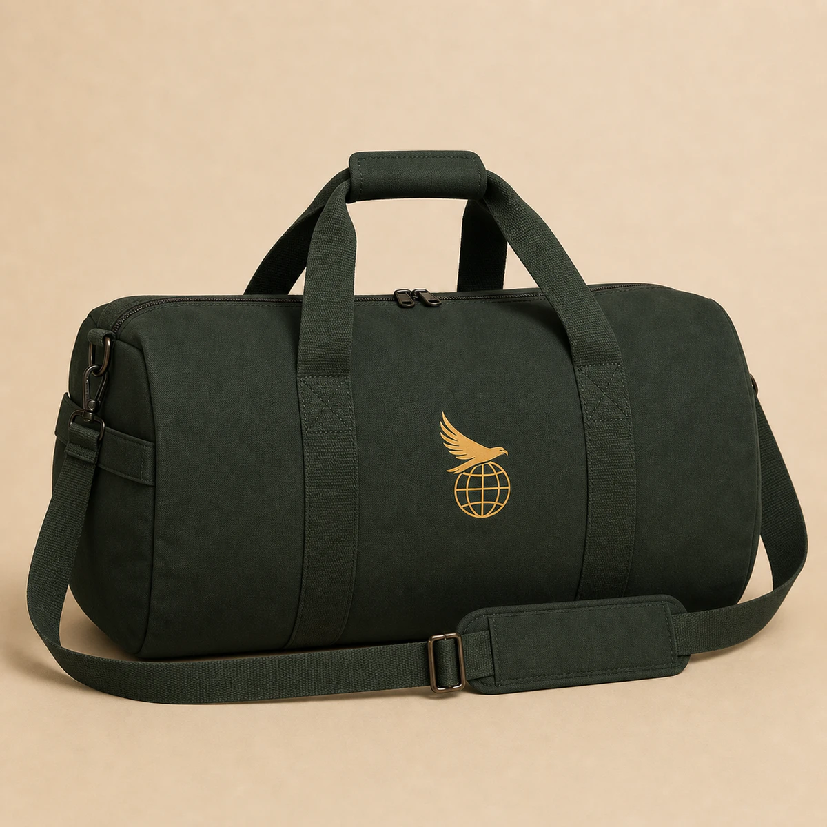 Hunter-green weekender duffle with a minimal Hawk Nest globe badge