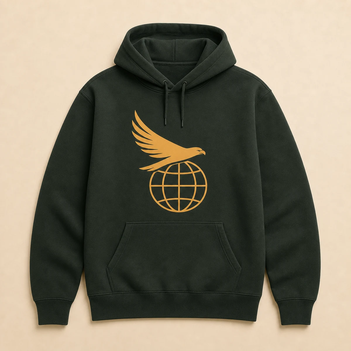 Deep evergreen Orbit Hoodie with the gold Hawk Nest globe and hawk mark