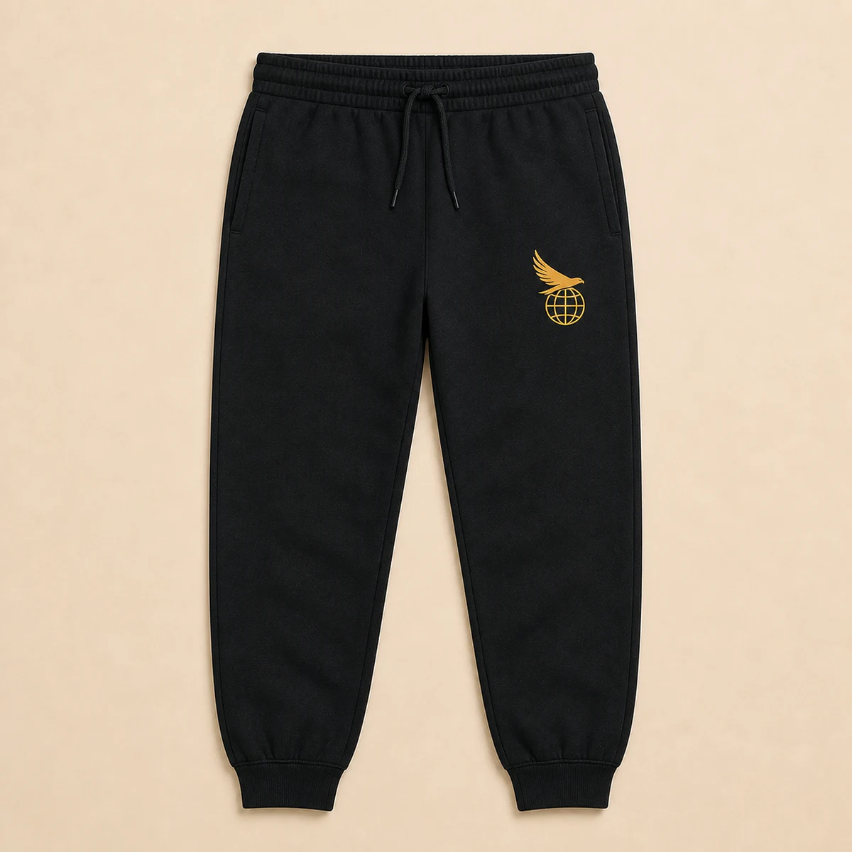 Black heavyweight joggers with the connected Hawk Nest globe and wings mark