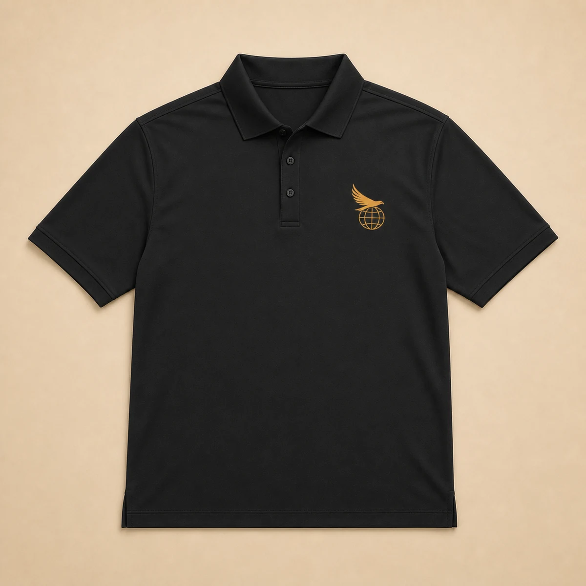 Black Focus Performance Polo with the connected Hawk Nest globe-and-wings mark