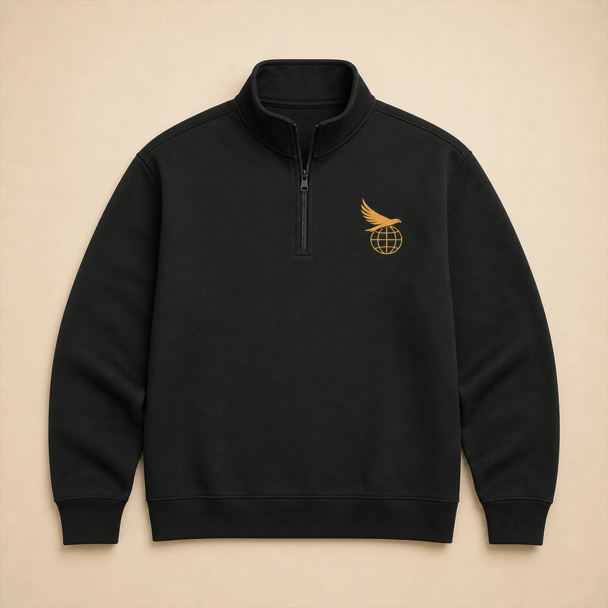 Onyx Orbit Quarter-Zip with the connected Hawk Nest globe-and-wings mark