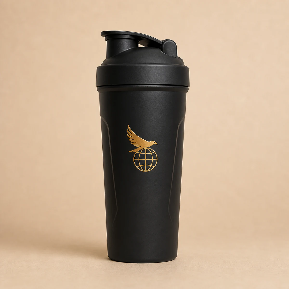 Black Orbit Shaker Bottle with the connected Hawk Nest globe-and-wings mark