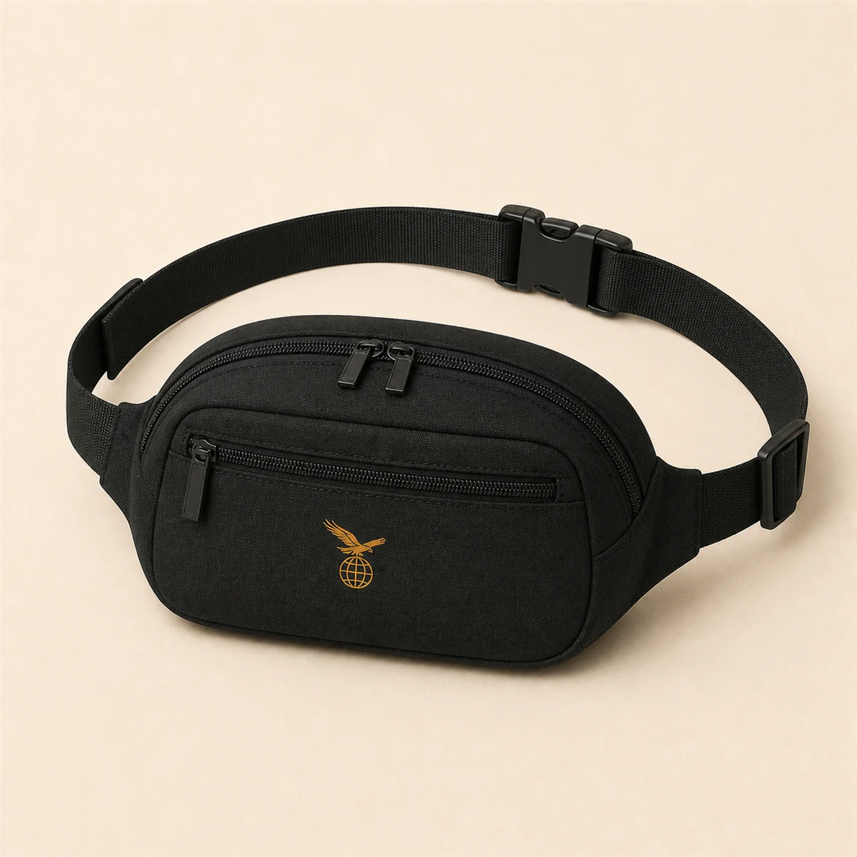 Black crossbody sling bag with the connected Hawk Nest globe and wings mark