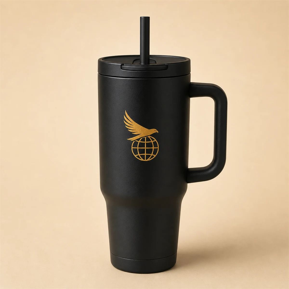 Black Orbit Tumbler with the connected Hawk Nest globe-and-wings mark