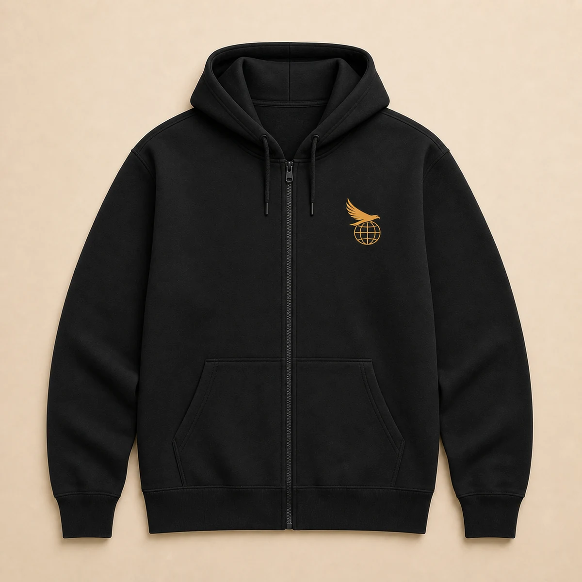Black Flight Zip Hoodie with the connected Hawk Nest globe-and-wings mark